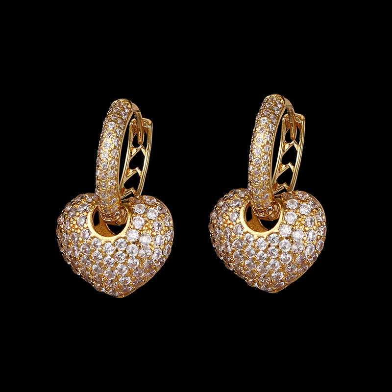 Micro-set zircon peach heart ear clip earrings