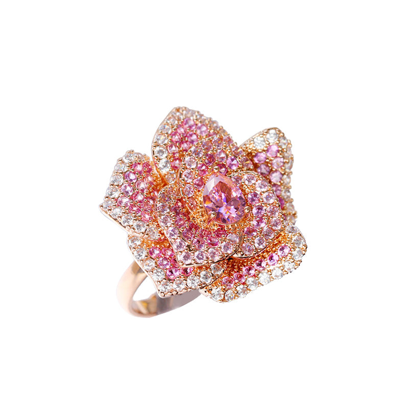 Gemstone Three-dimensional Rose Flower Heavy Industry Ring